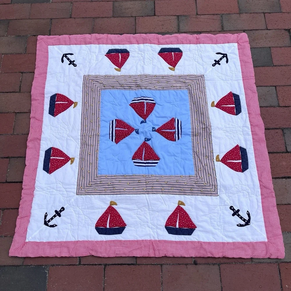 Handmade Sailboat Boys Crib Quilt, Red White Blue, Gorgeous One Of A Kind 38x38